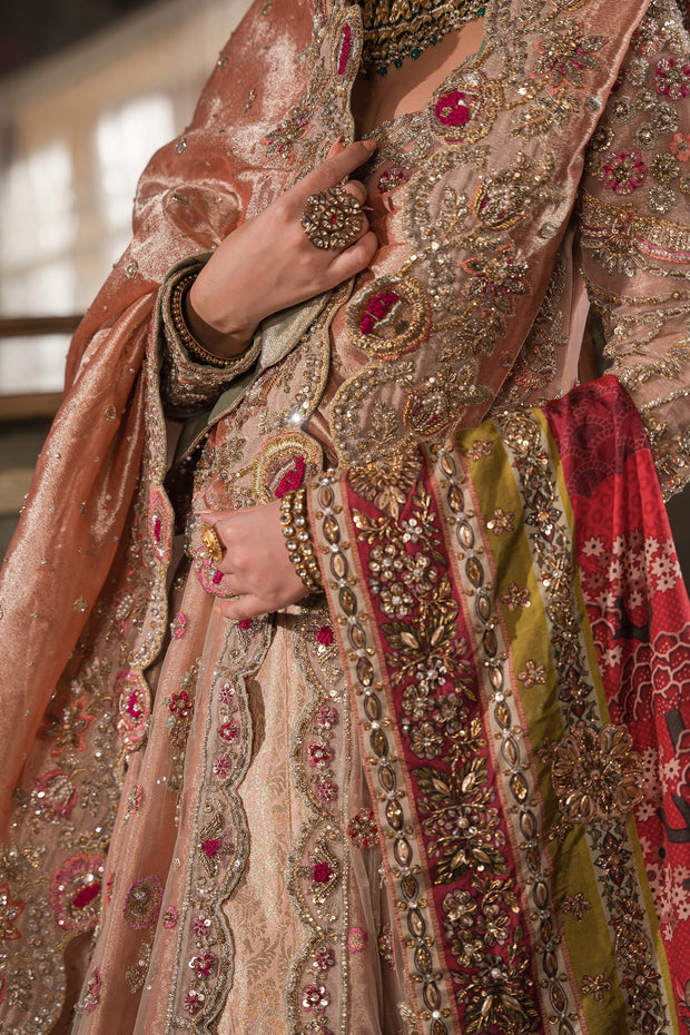 Coral, Peach and Gold Bridal Peshwas and Lehnga Set - BRIDAL
