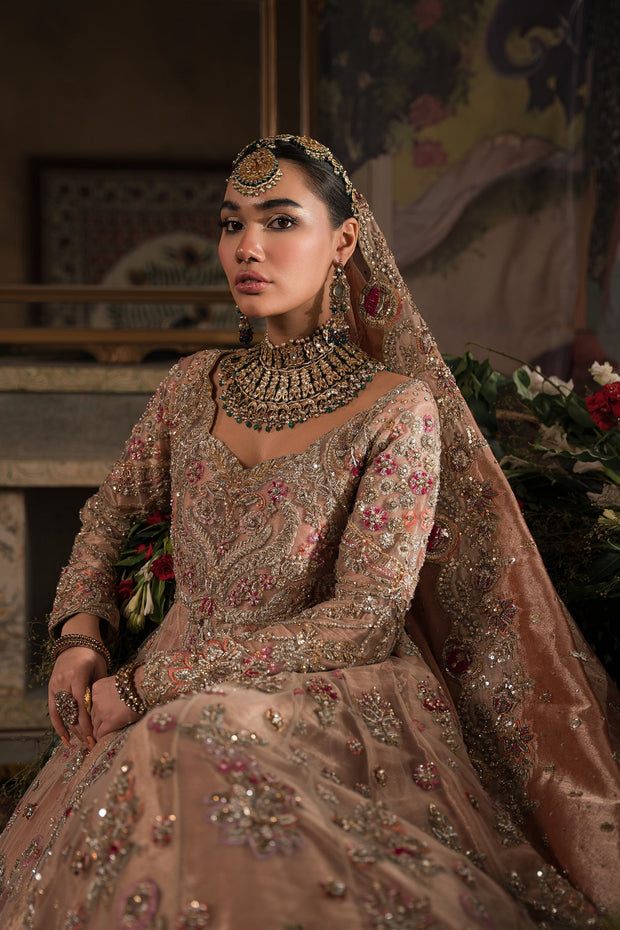 Coral, Peach and Gold Bridal Peshwas and Lehnga Set - BRIDAL
